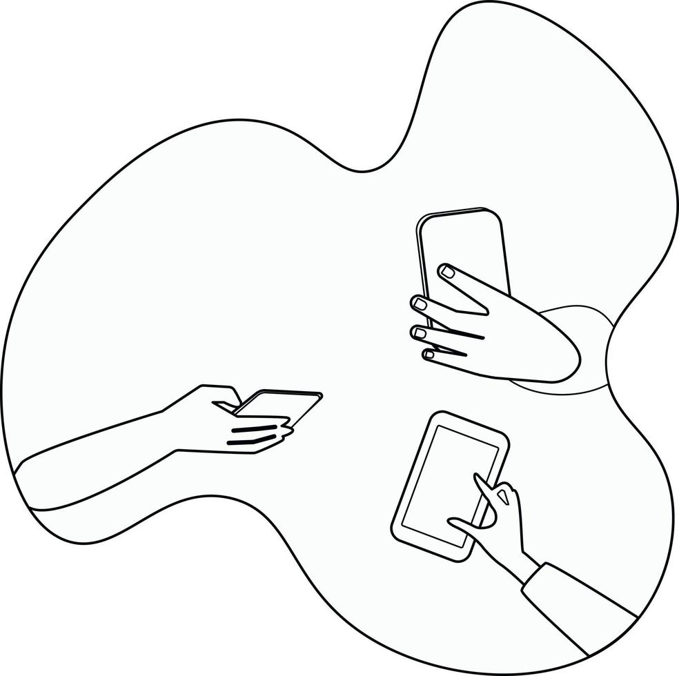 Hands are holding smartphones. Black and white illustration in simple style or hand drawing vector