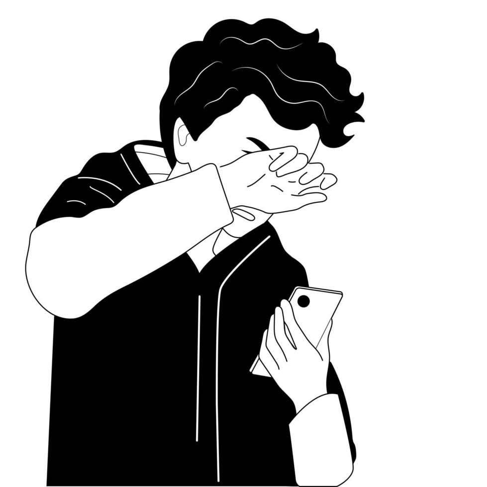 young guy is crying and suffering. Holds a mobile phone in his hand.Hand drawn style vector