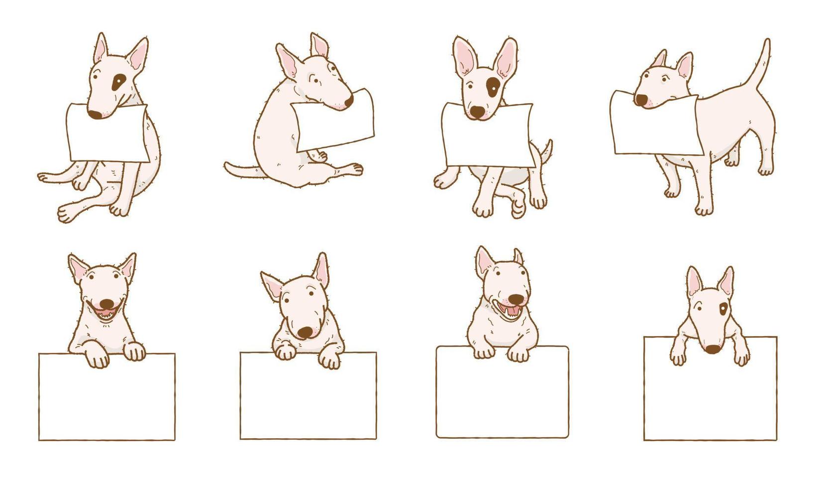 perro bull terrier de dibujos animados con papel en blanco. perro encima de banner o ilustración de signo vector