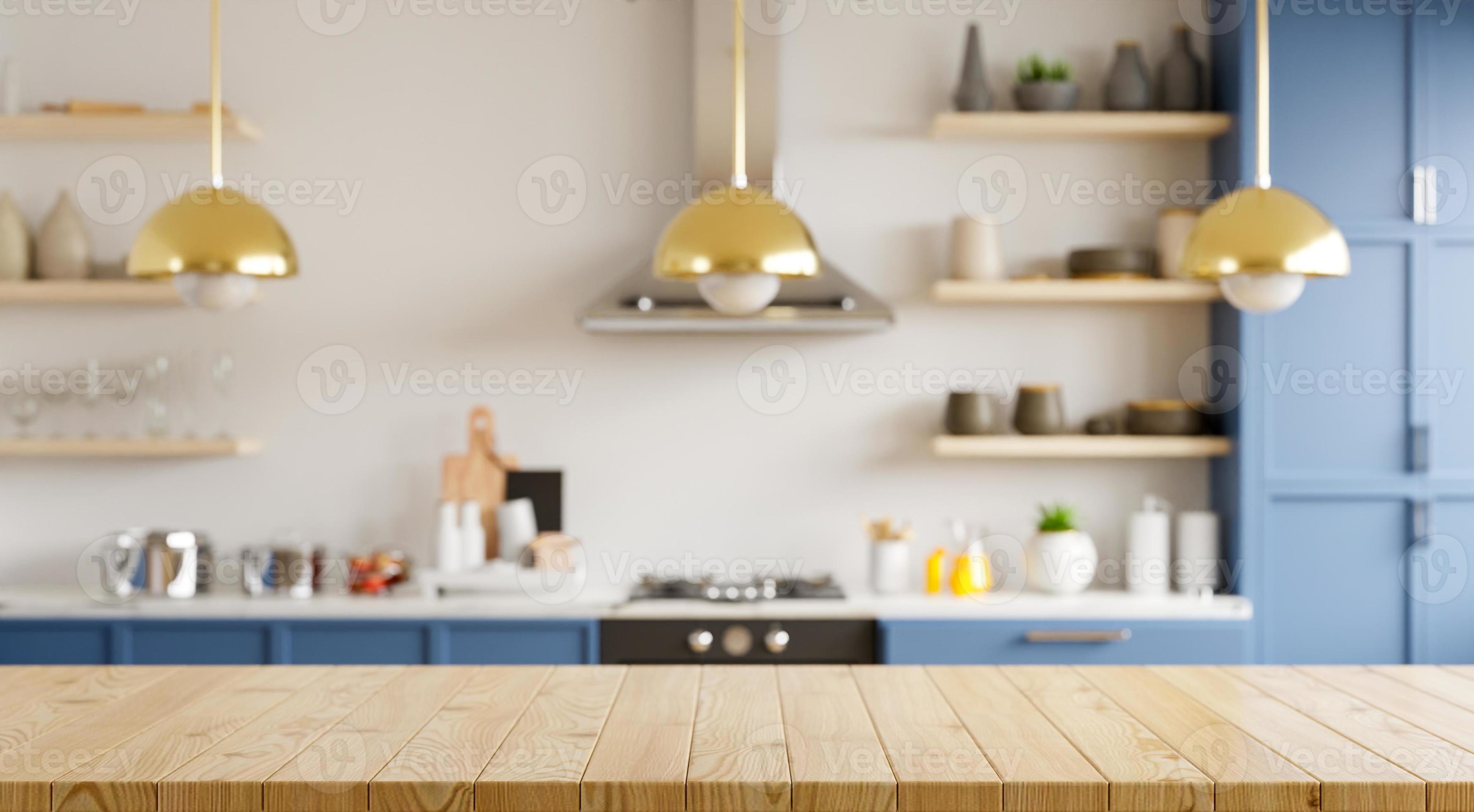 empty wooden table and blurred kitchen background