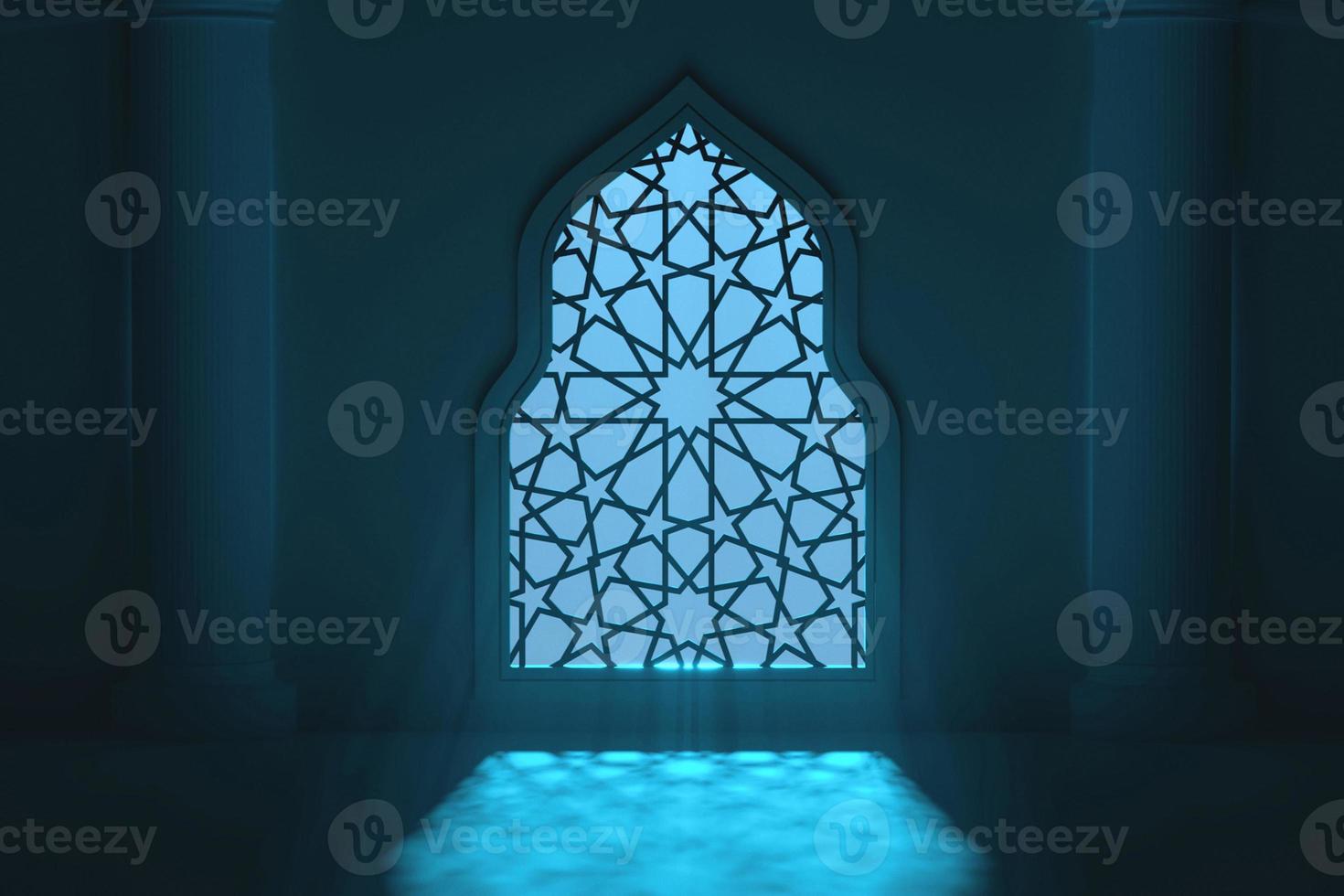 interior de la mezquita islámica a la luz de la luna brillo 3d renderizado foto