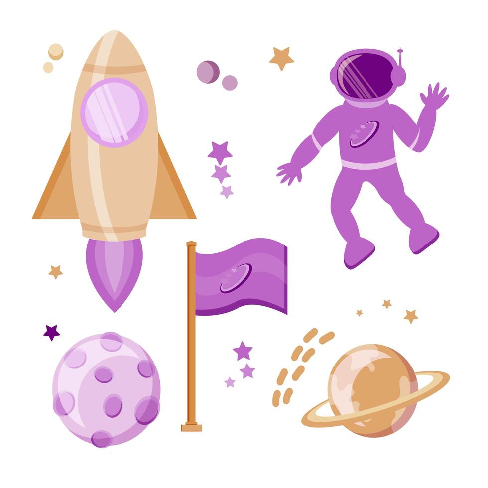 Set of isolated elements on a white background. Space, planets, astronaut, rocket, flag and stars. Vector in flat style. Cosmos set. Suitable for illustrations, postcards and posters.