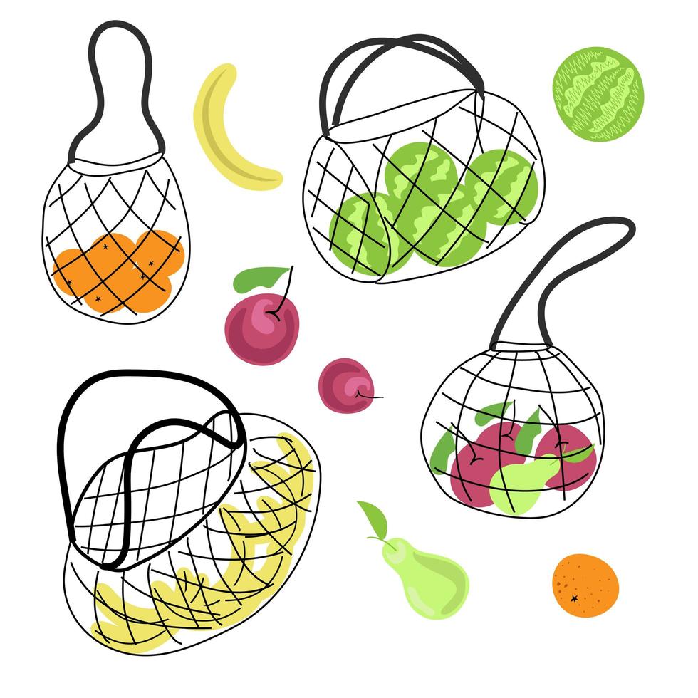 Set of ecological bags for vegetables and fruits. The vector is made in the style of cartoons. Ecology. Shoppers. Respect for nature. Suitable for illustrations on special topics.