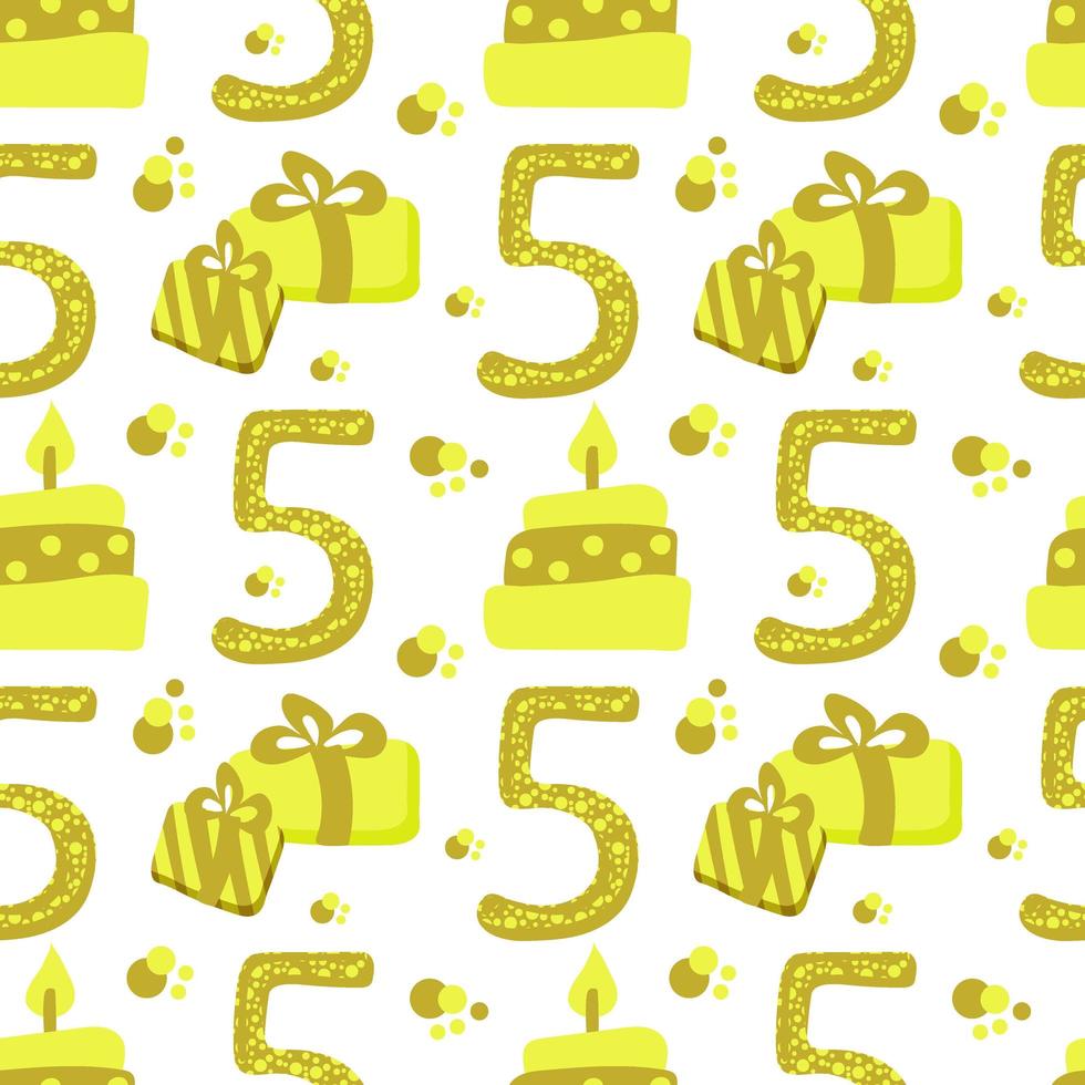 A seamless pattern of festive elements, hand-drawn in doodle style. Cake, a colorful number 5, and gifts. Birthday party background. vector