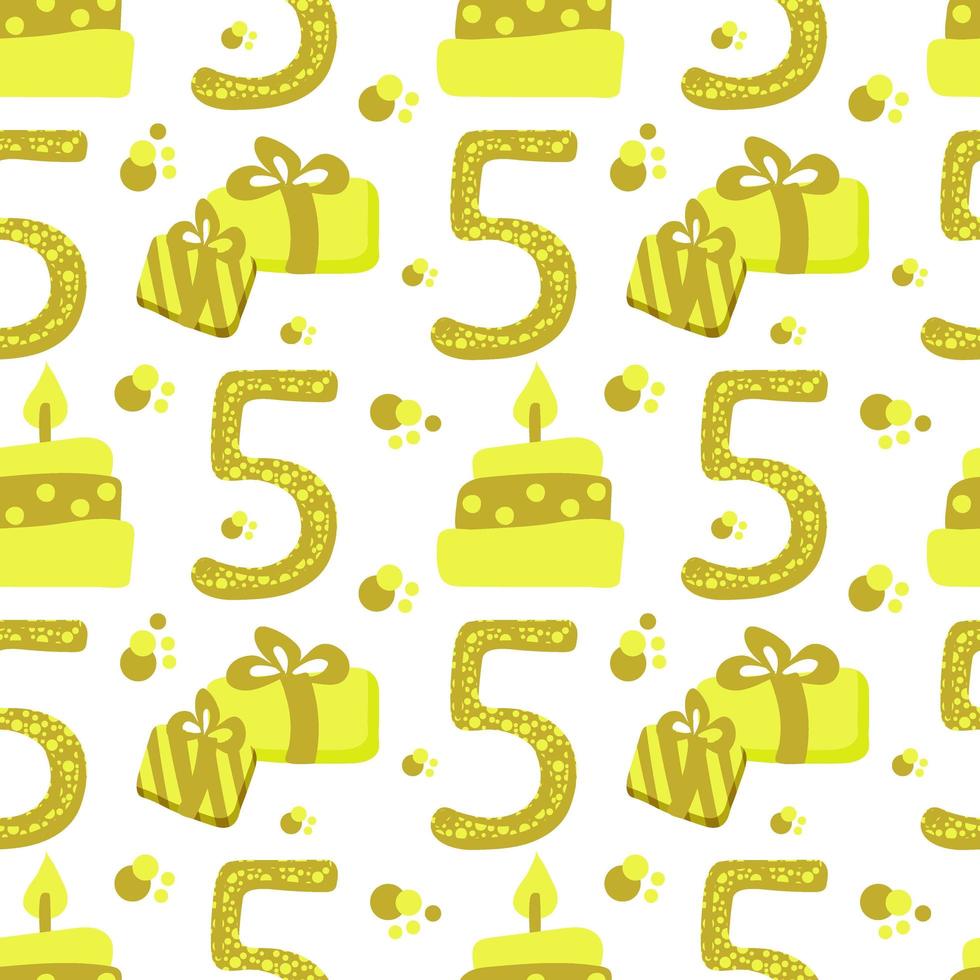 A seamless pattern of festive elements, hand-drawn in doodle style. Cake, a colorful number 5, and gifts. Birthday party background. vector
