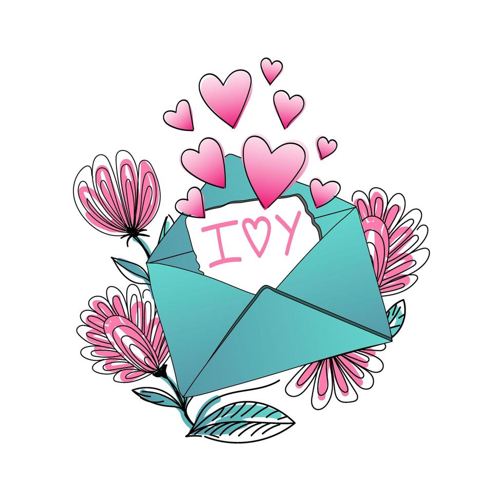 An open letter with hearts, drawn elements in doodle style. Hearts flying out of the envelope. I love you. Cute Valentine's Day card. vector