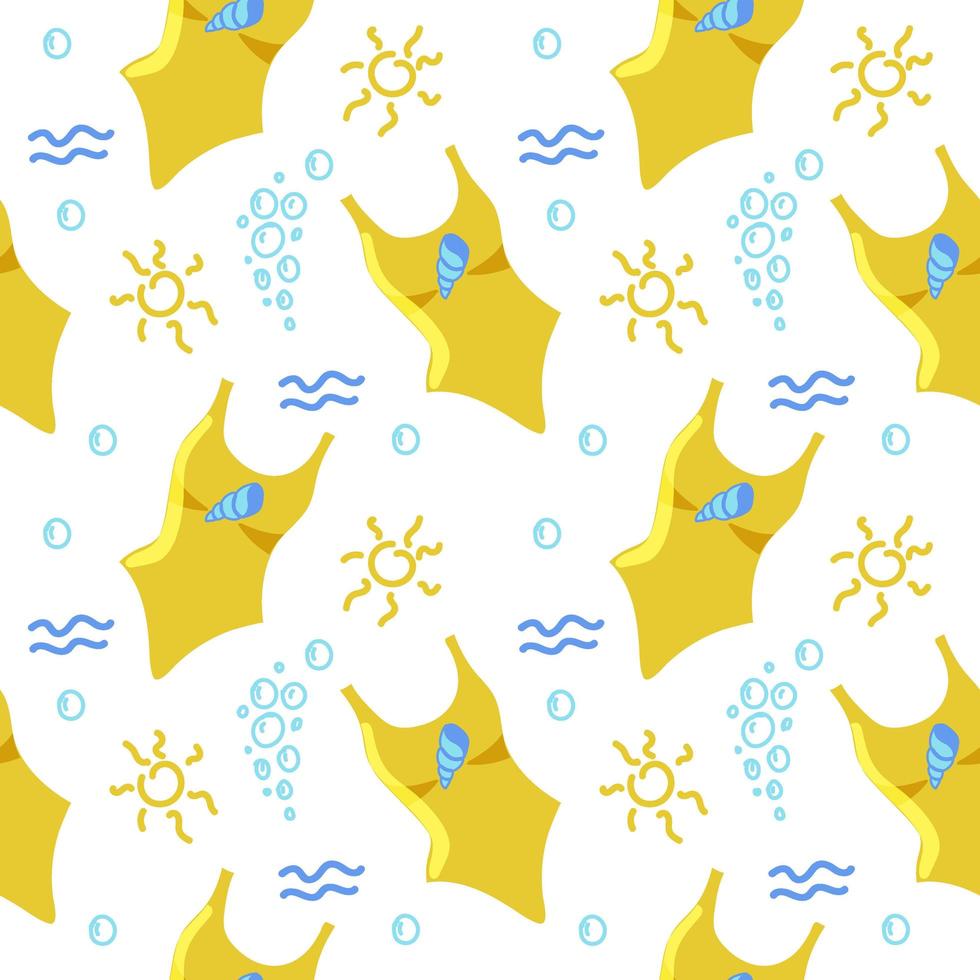 Seamless swimsuit pattern, hand-drawn in cartoon style. Bright yellow swimwear with seashell print on white background. Girls, women. Sun, waves and bubbles in doodle style. Summer fun. vector
