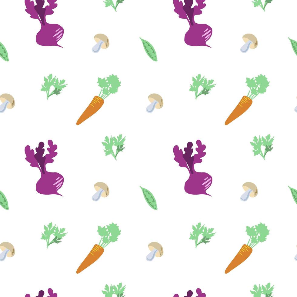 Seamless pattern of vegetables, mushrooms and greens on white background. Elements in a flattened style. World Food Day. Vegetables and greens. Beets, carrots, mushrooms. Suitable for textiles. vector