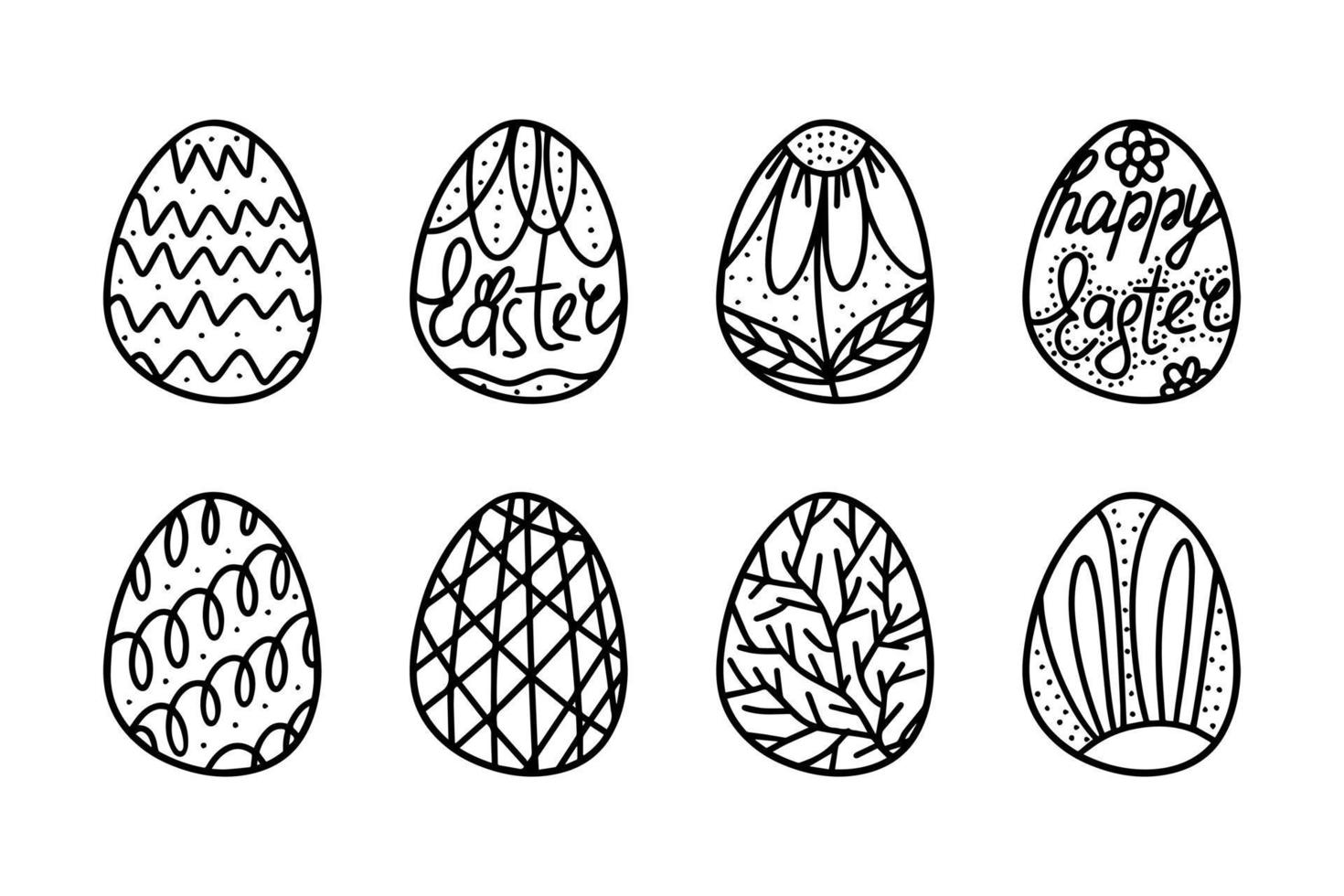 conjunto de huevos de pascua felices en estilo doodle. garabatear huevo de pascua. feliz pascua dibujado a mano aislado sobre fondo blanco. dibujar huevos para tarjetas, logos, vacaciones. ilustración dibujada a mano vector