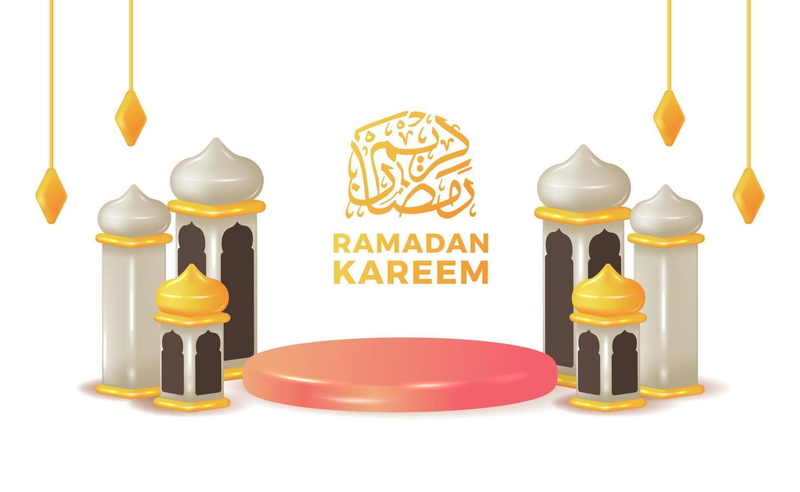 Ramadan kareem with podium stage display with tower mosque 3d illustration with arabic calligraphy template vector