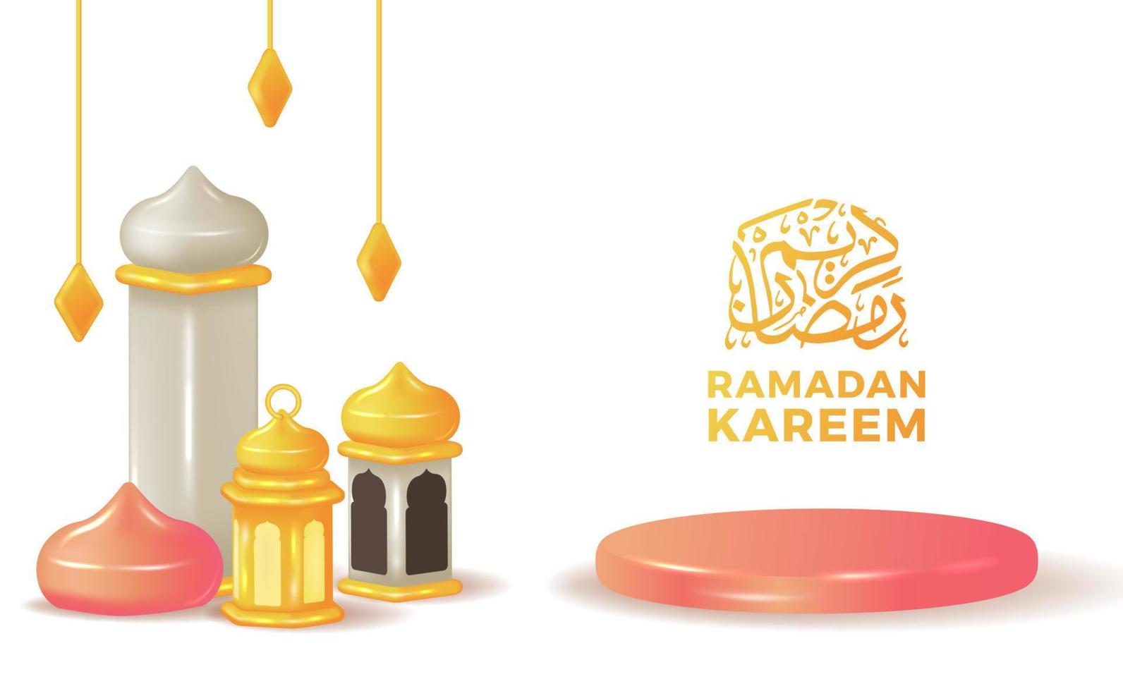 Ramadan kareem with podium stage display with tower mosque 3d illustration with arabic calligraphy template vector