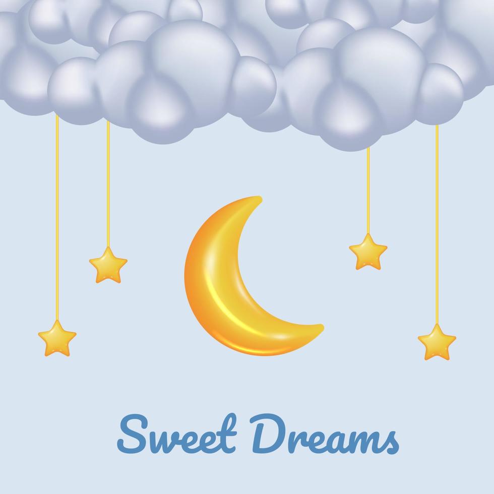 3d lindo juguete de media luna de luna dorada con nube y cartel de estrella colgante concepto de baby shower para canción de cuna dulce sueño vector