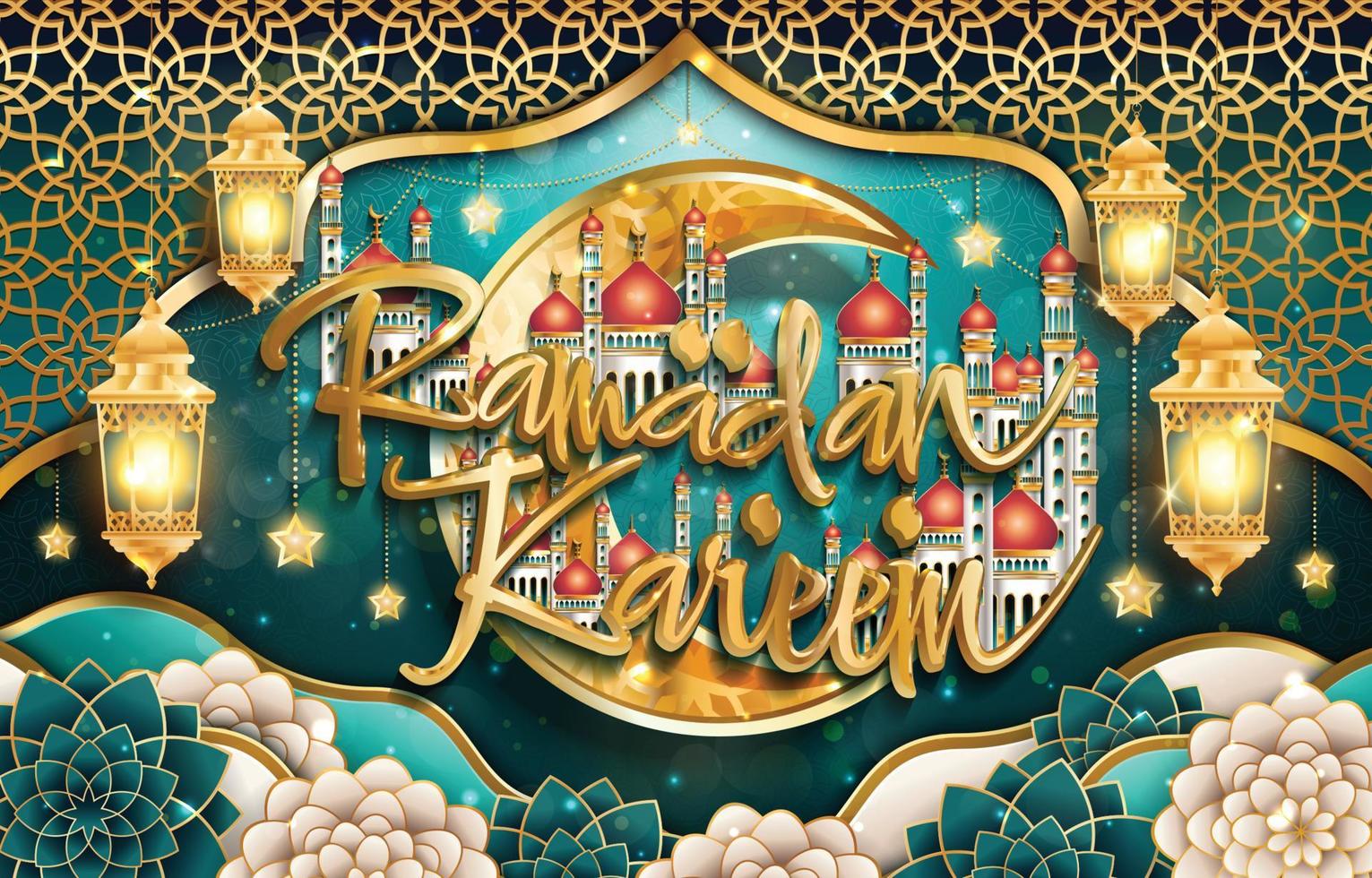 concepto de ramadan kareem con tipografía y mezquita vector