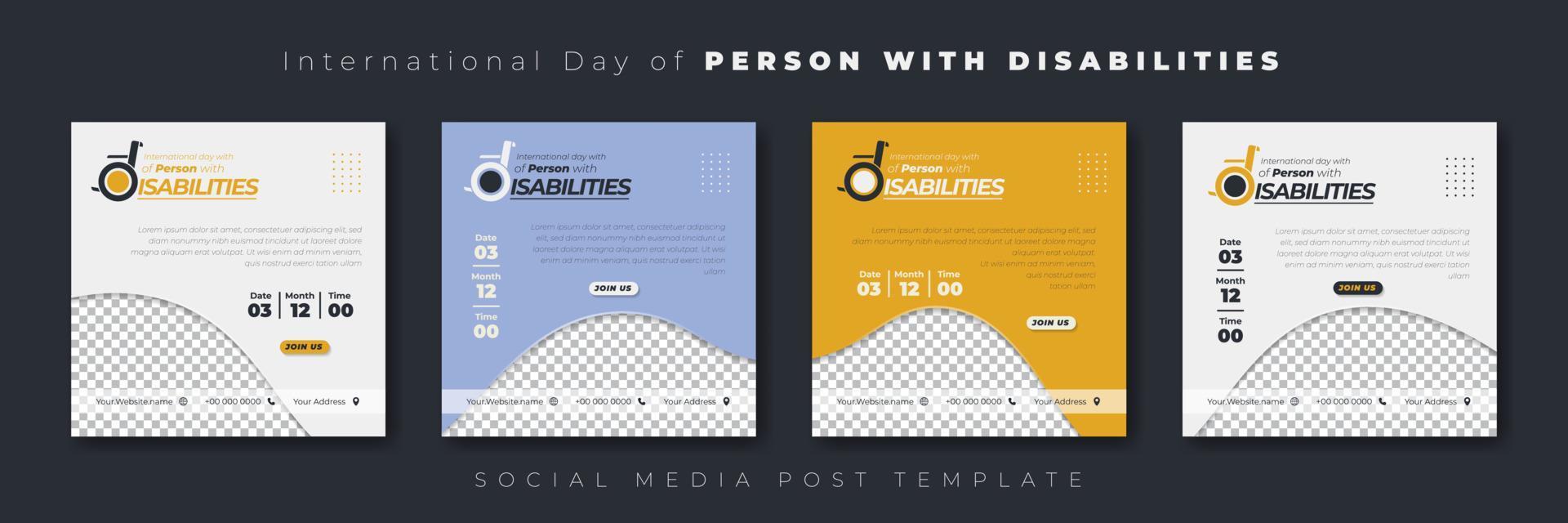 Set of social media post template with multi colored design. International day of person with disabilities template design. vector