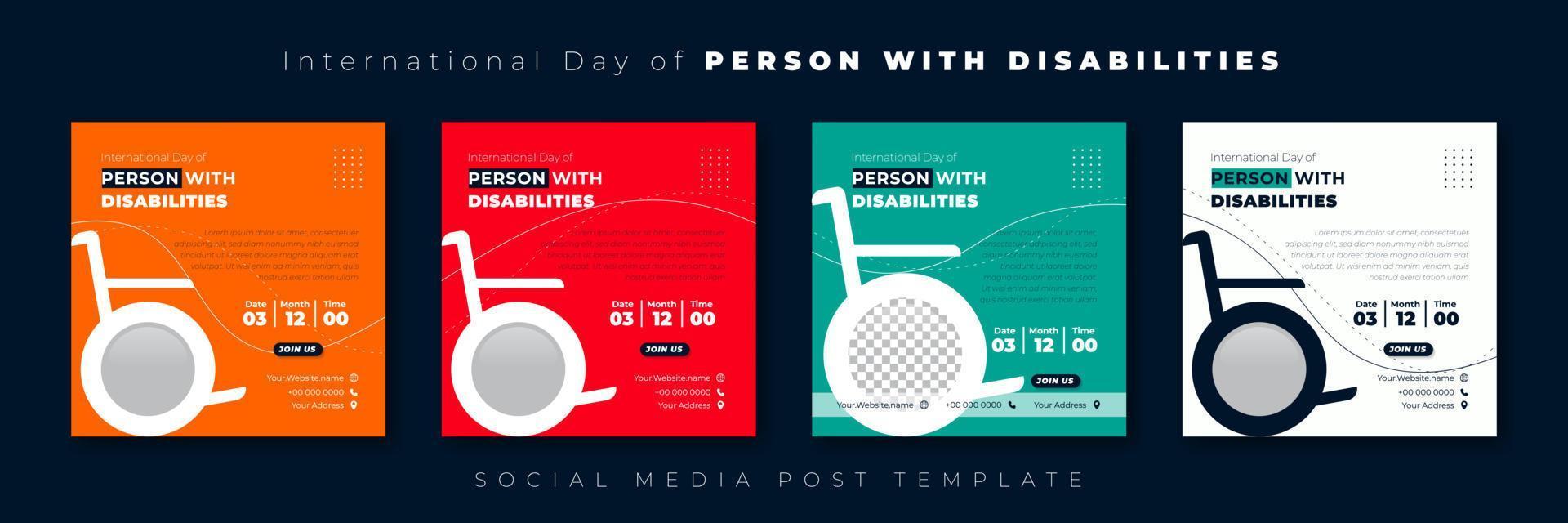 conjunto de plantillas de publicaciones en medios sociales con silla de ruedas y diseño multicolor. diseño de plantilla del día internacional de las personas con discapacidad. vector