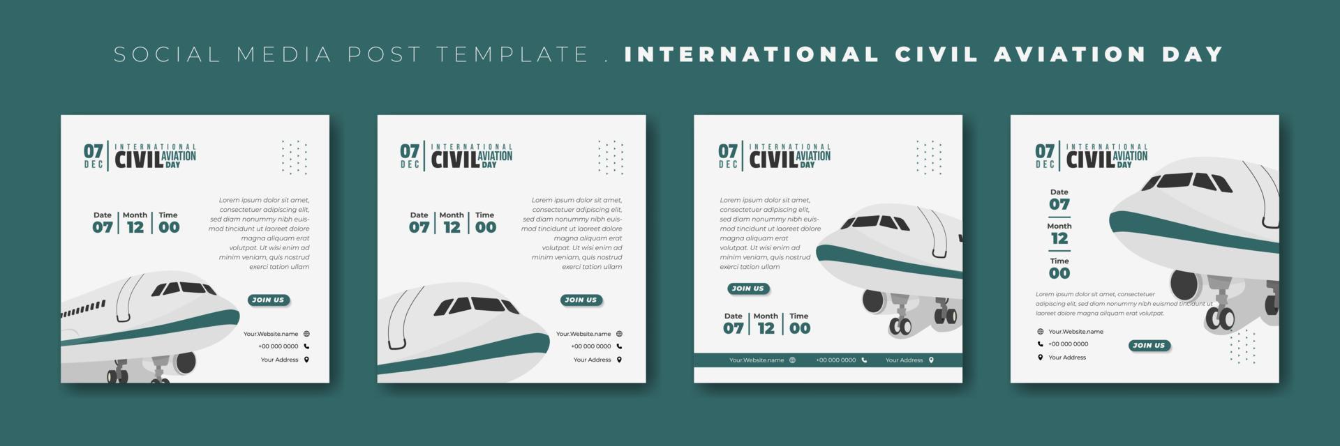 Set of social media post template with airplane vector illustration. International civil aviation day template design.