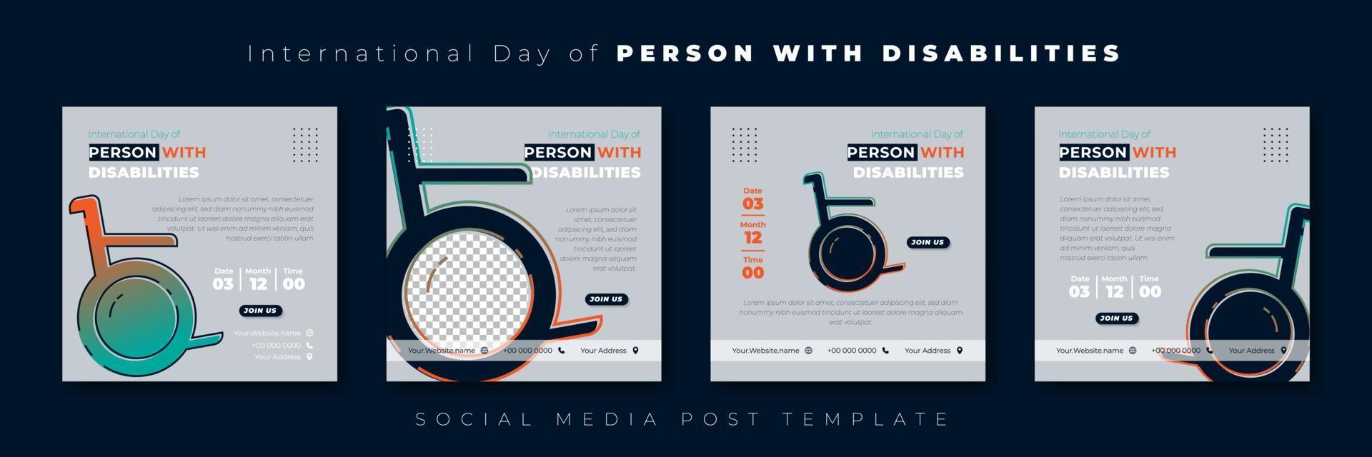 conjunto de plantilla de publicación en medios sociales con diseño de silla de ruedas negra. diseño de plantilla del día internacional de las personas con discapacidad. vector