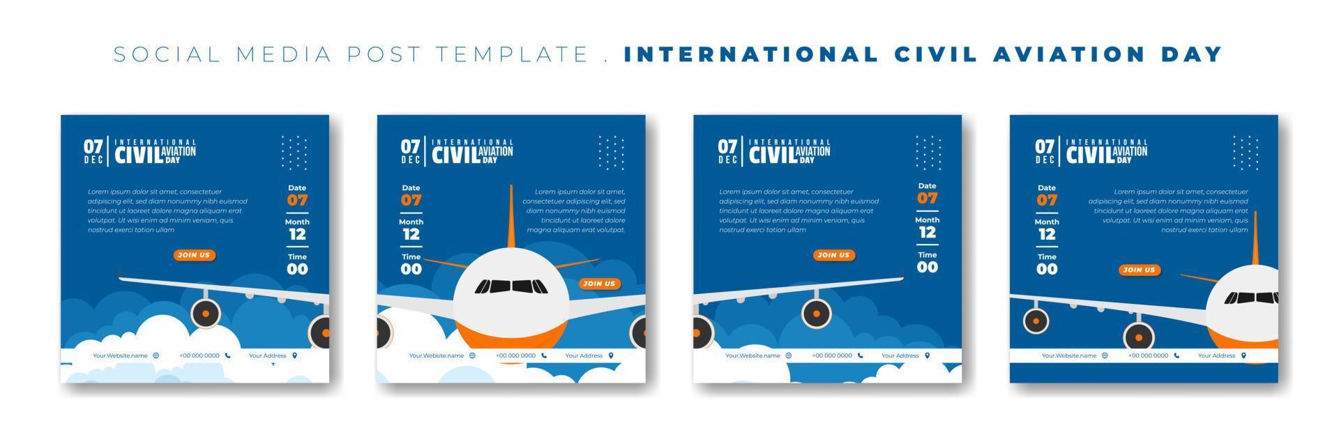 conjunto de plantilla de publicación en medios sociales con vista frontal de vector de avión. diseño de plantilla del día internacional de la aviación civil.