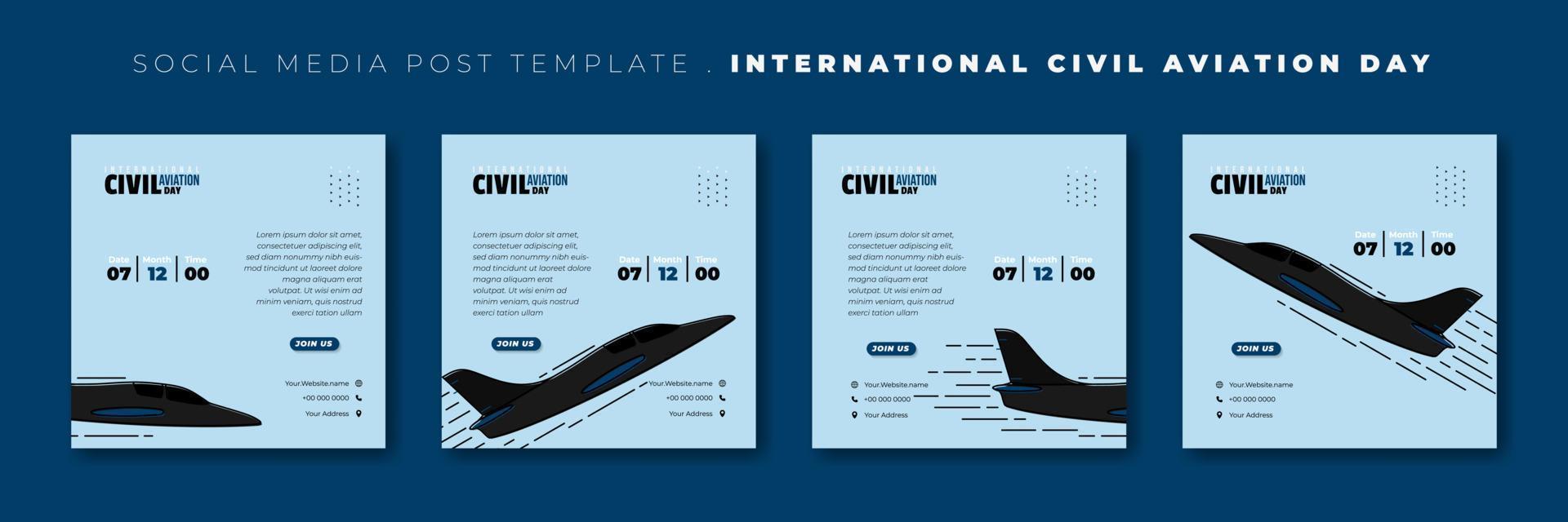 conjunto de plantilla de publicación en medios sociales con ilustración de vector de avión negro volador. diseño de plantilla del día internacional de la aviación civil.