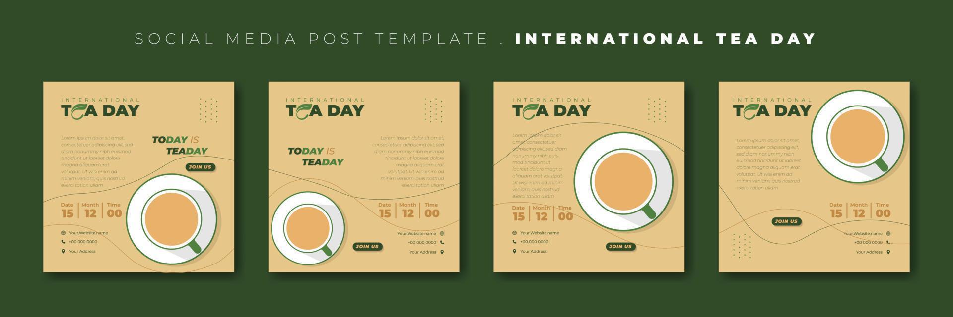 conjunto de plantillas de publicaciones en redes sociales con taza de té y diseño de hojas. diseño de plantilla del día internacional del té. vector