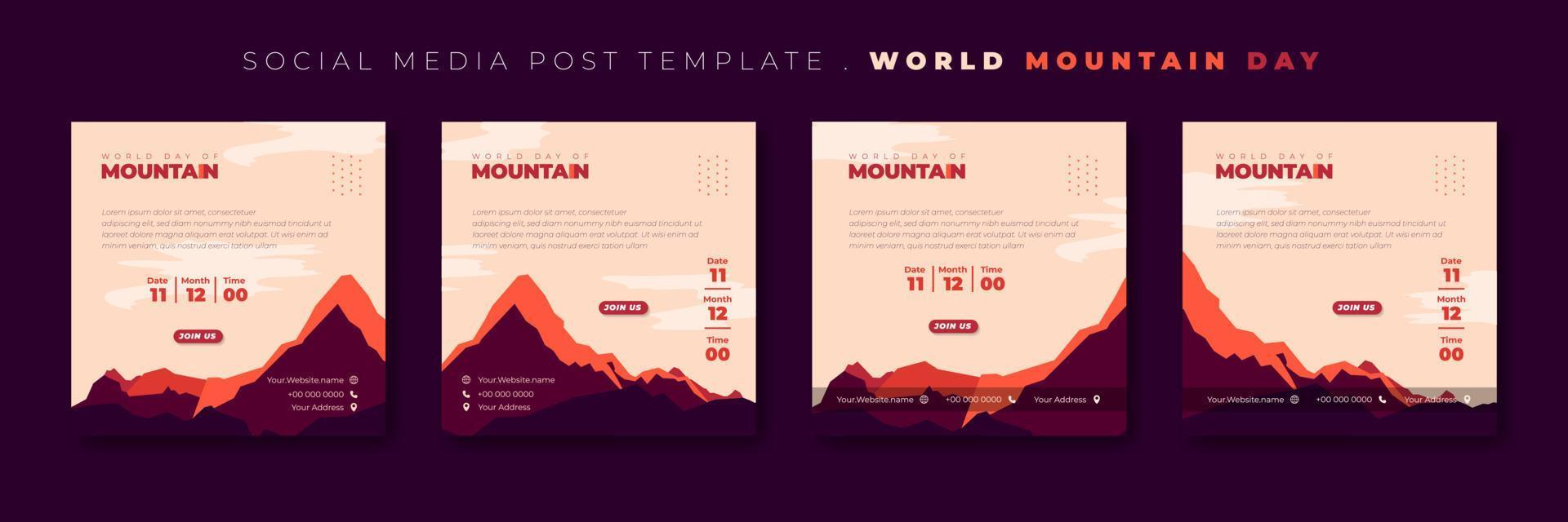 Set of social media post template with purple mountain landscape design. International mountain day template design. vector