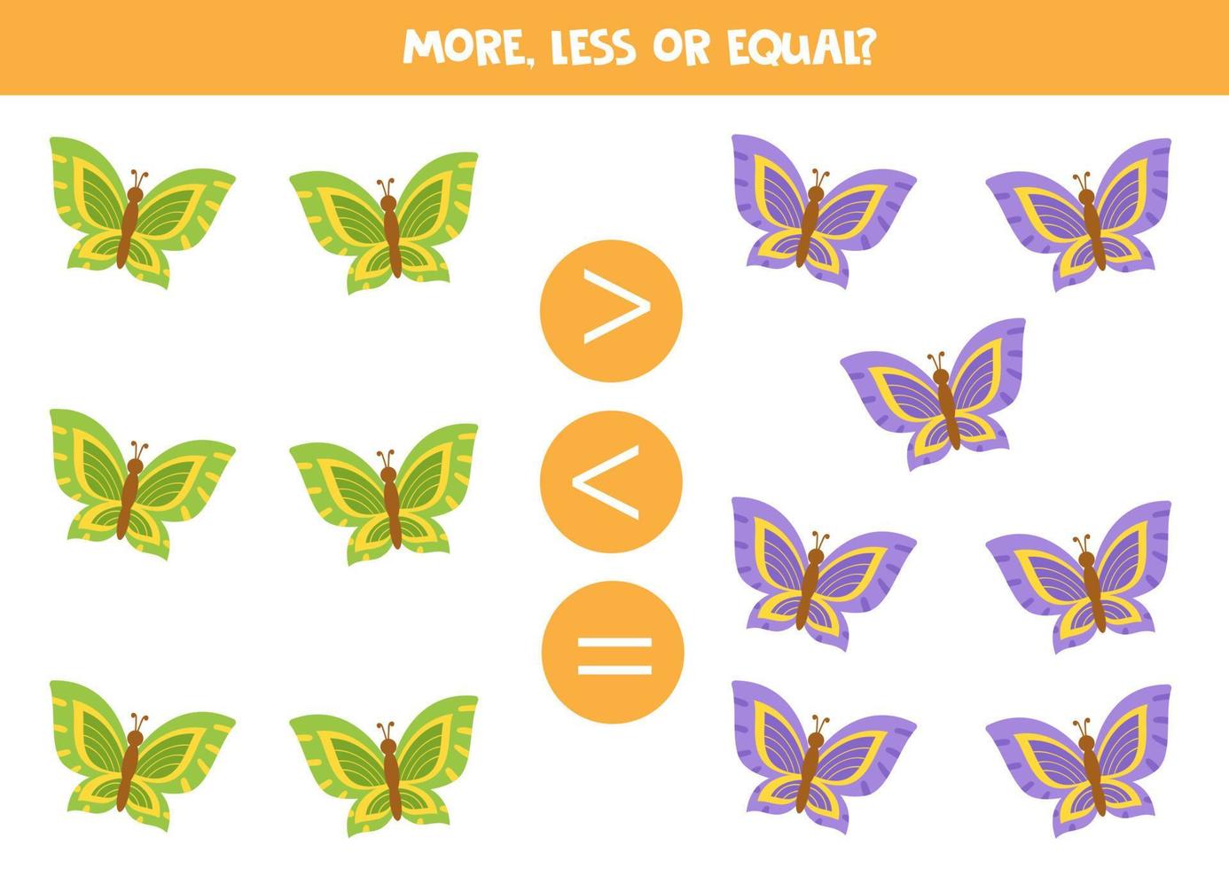 More, less, equal with cute and colorful butterflies. vector
