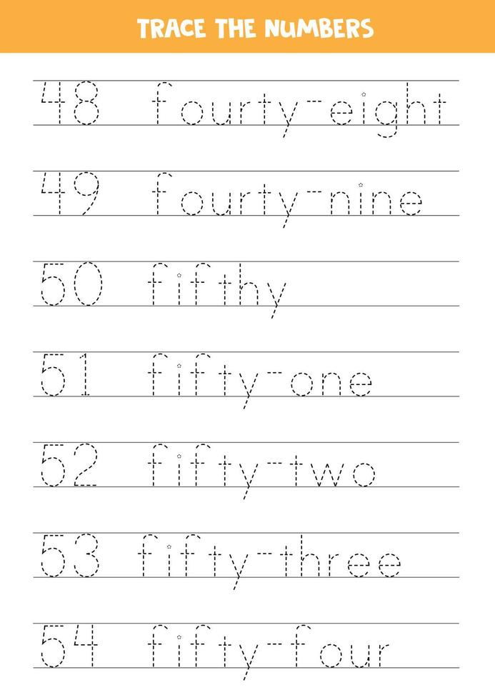 Tracing numbers from 48 to 54. Writing practice. vector
