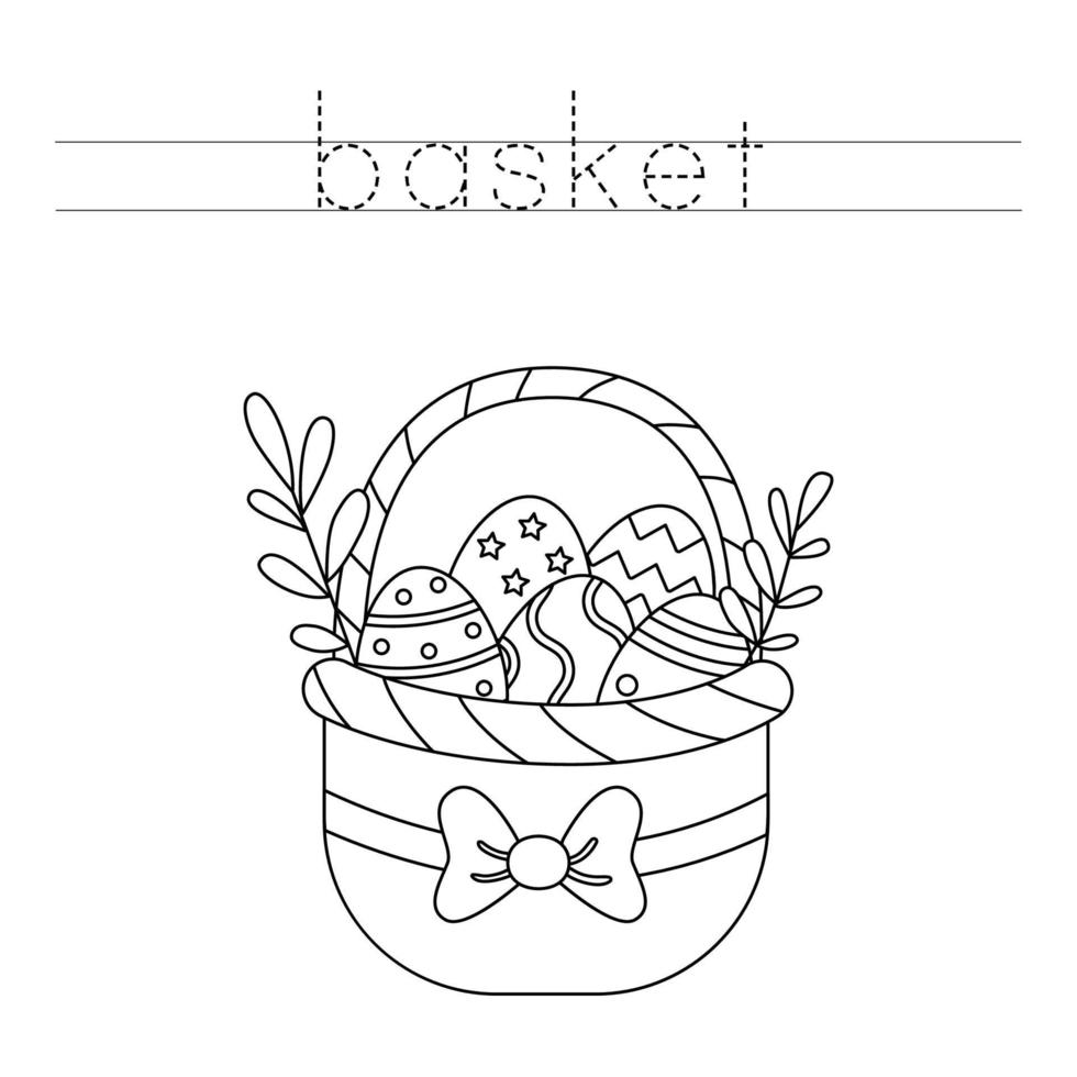 Trace the letters and color Easter basket. Handwriting practice for kids. vector