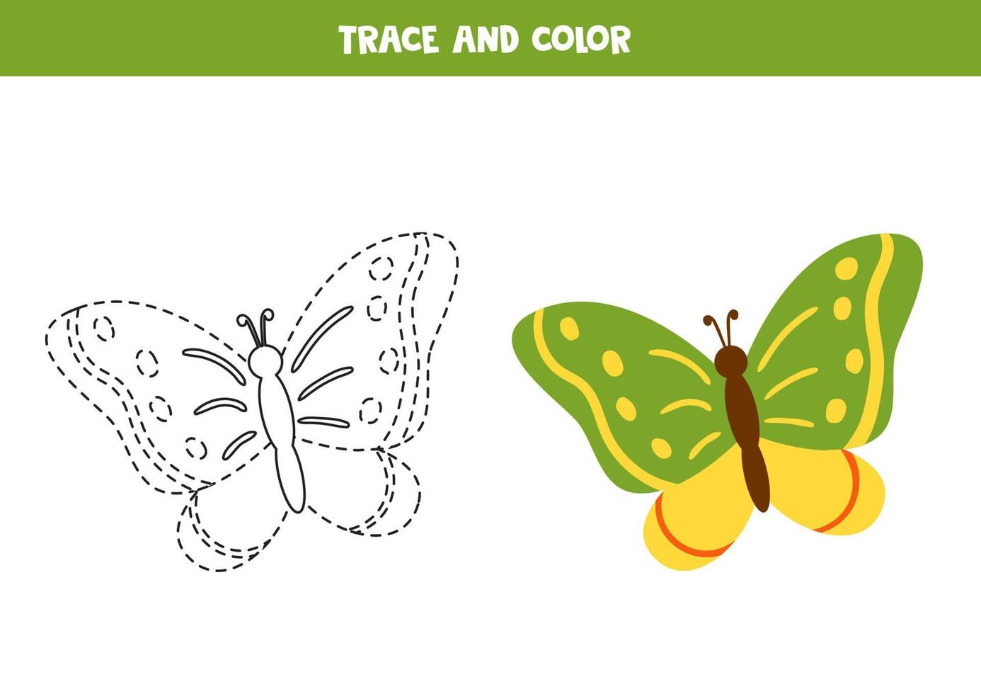 Trace and color cartoon butterfly. Worksheet for children. vector