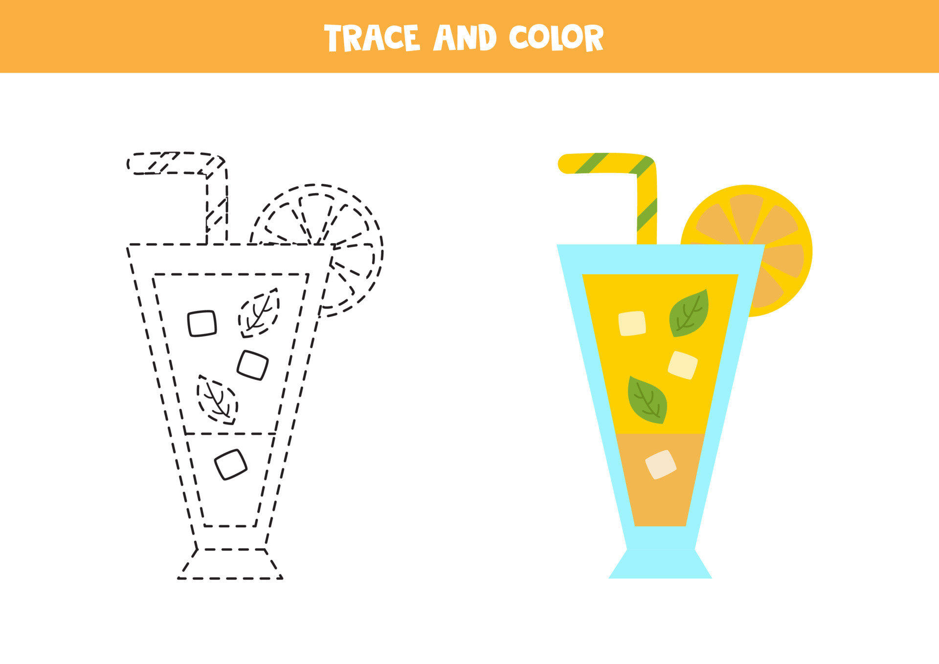 Trace and color summer cocktail. Worksheet for children. 6574025 Vector