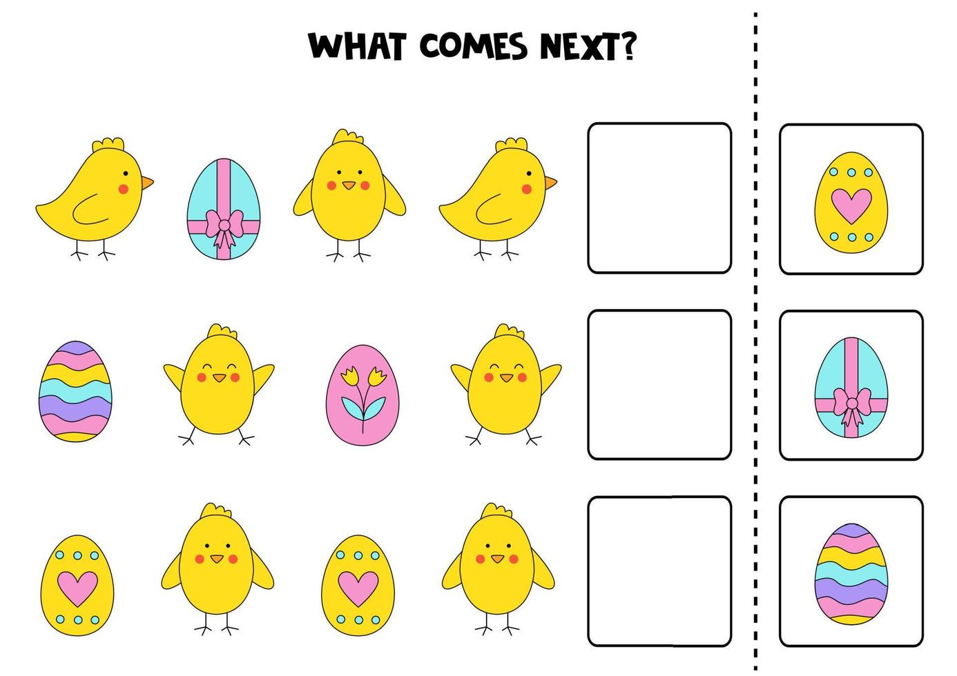 What comes next game with cute Easter chickens and eggs. vector