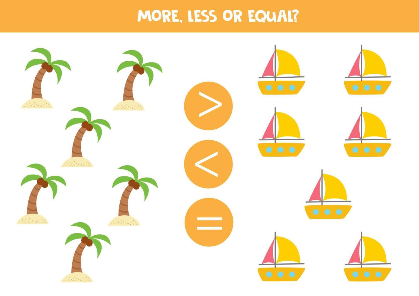 More, less, equal with cartoon yachts and palm trees. vector