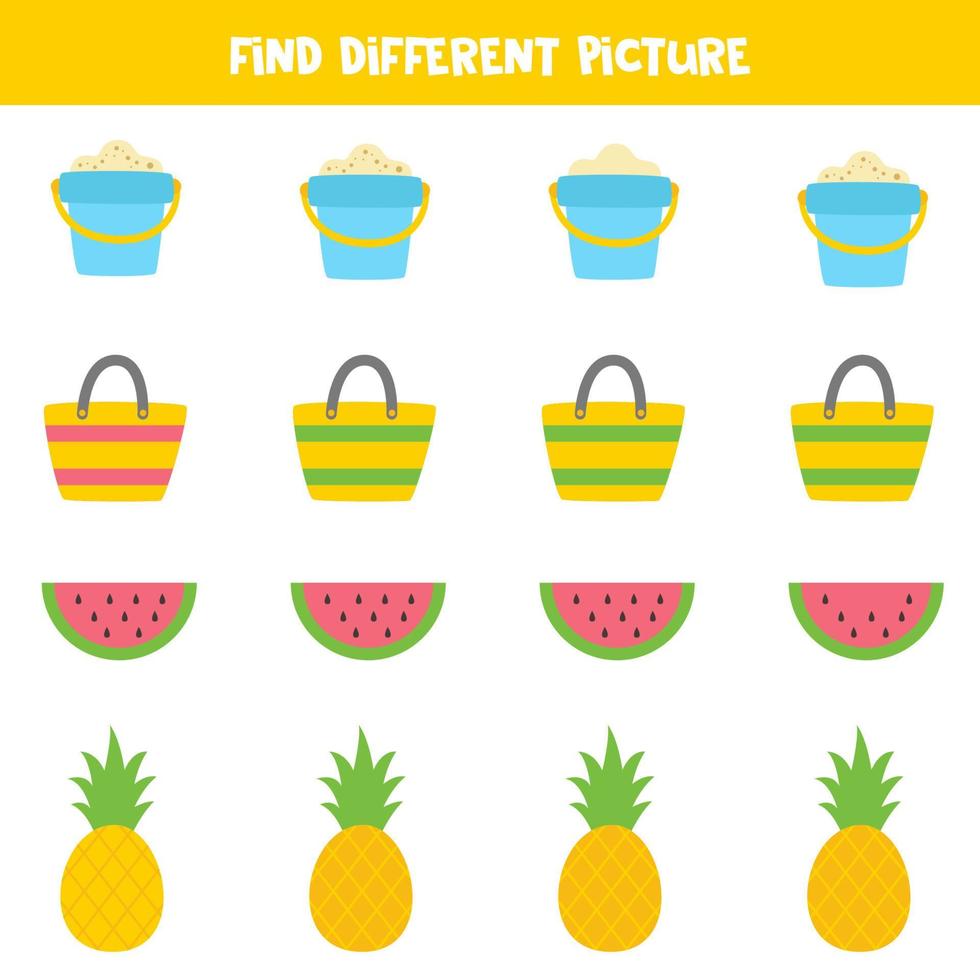 Find picture which is different from others. Worksheet for kids. vector