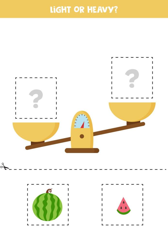 Light, heavy or equal. Cut pictures below and glue to the right box. vector