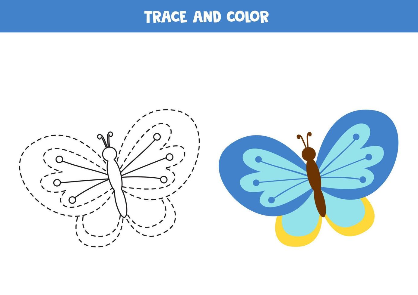 Trace and color cartoon butterfly. Worksheet for children. vector