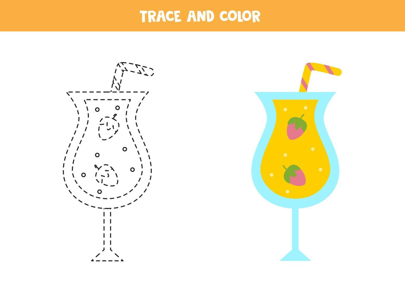 Trace and color summer cocktail. Worksheet for children. vector