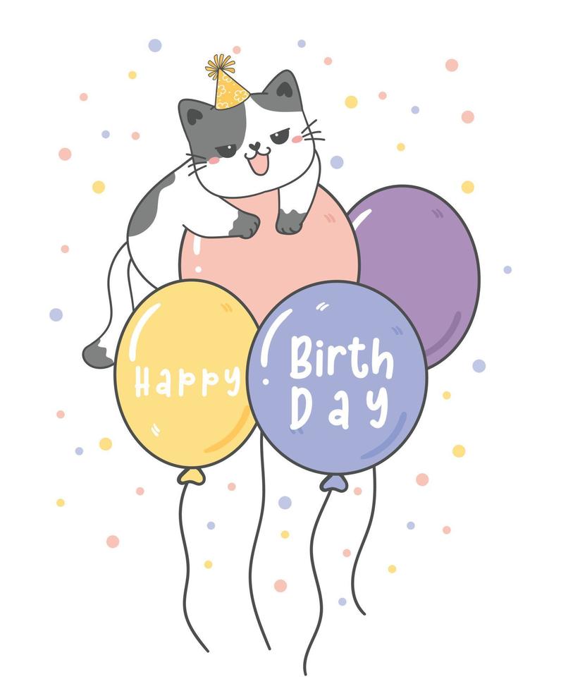 lindo feliz cumpleaños kitty cat en globos de fiesta pastel, lindo animal caricatura dibujo vector ilustración tarjeta de felicitación