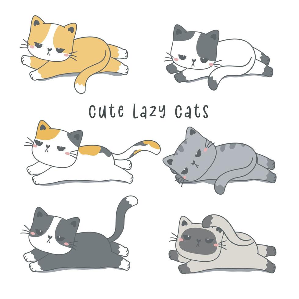 group of cute bored and lazy kitty cat collection, kawaii animal pet cartoon drawing illustration vector