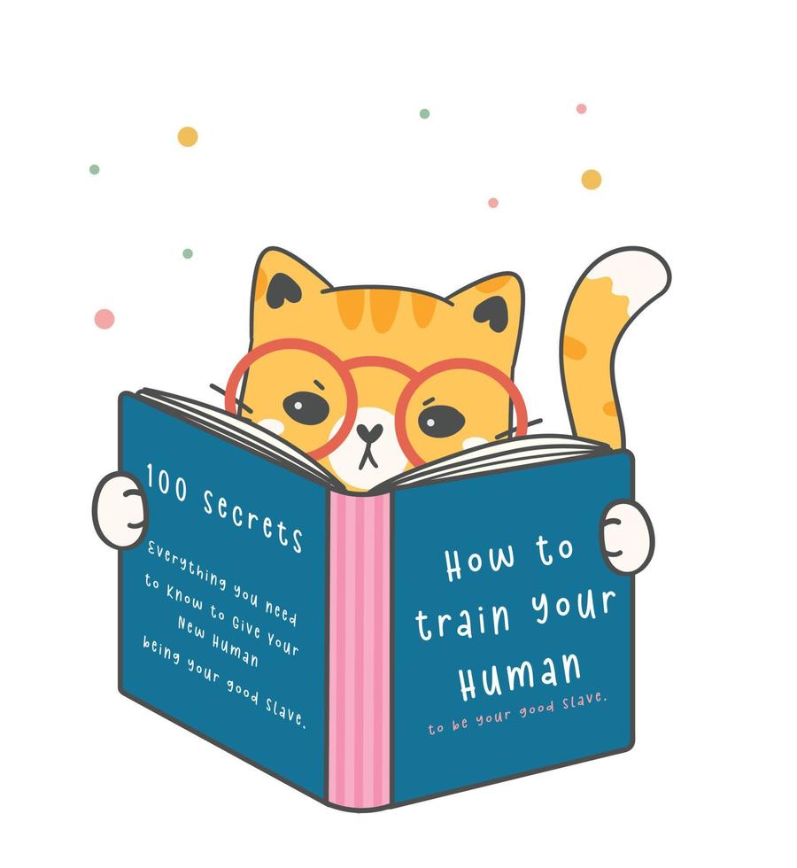 cute funny nerdy orange ginger kitten cat reading book, pet animal cartoon drawing vector