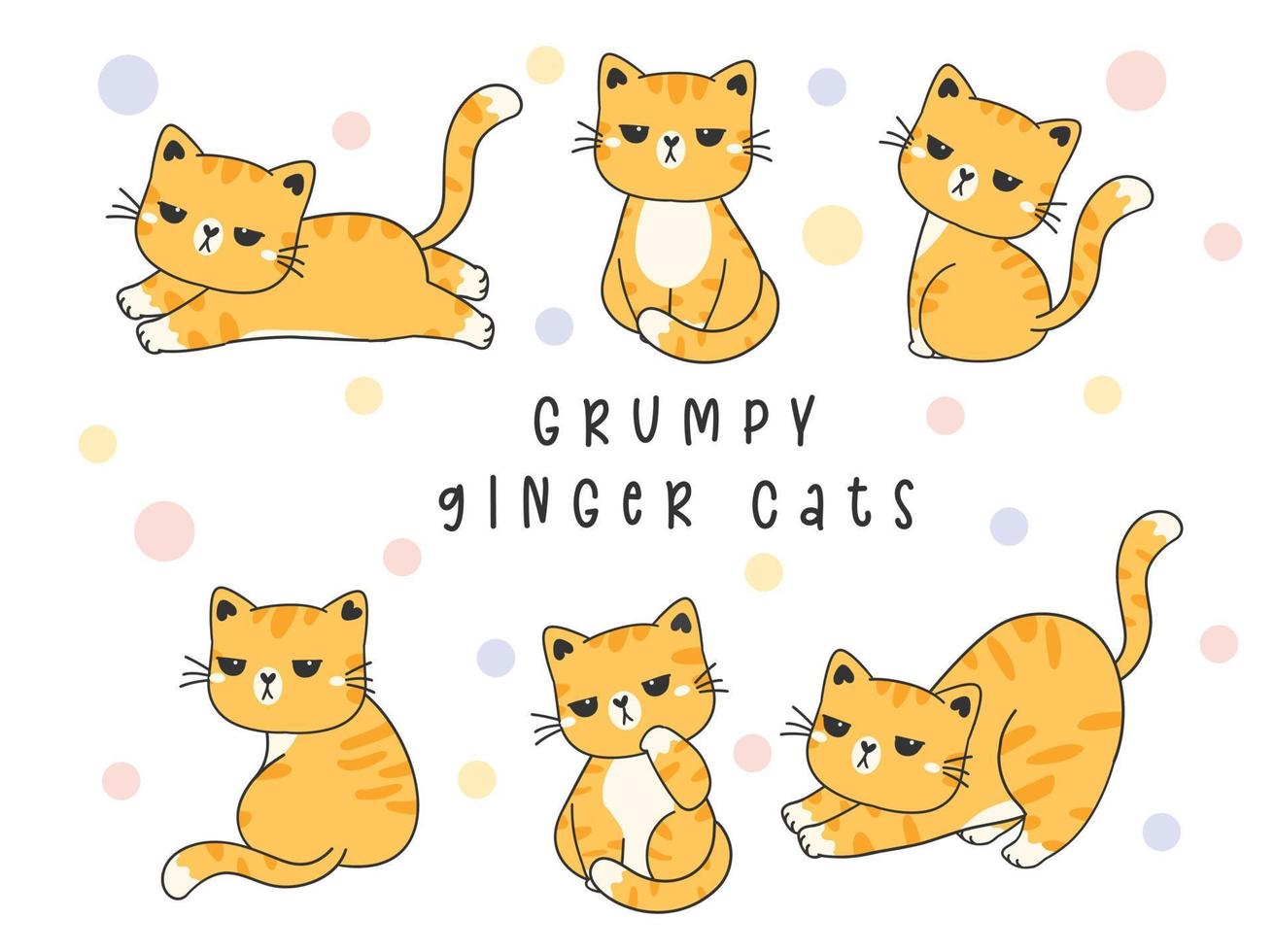 group of Grumpy bored orange ginger kitty cat collection cartoon drawing vector, cute pet animal boring face vector