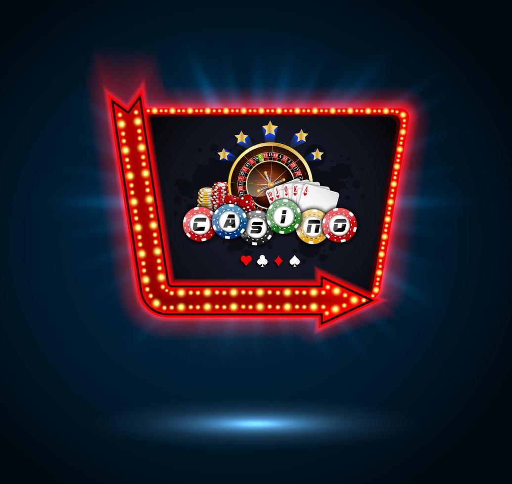 Banner de fiesta de casino brillante con naipes, rueda de ruleta y fichas vector