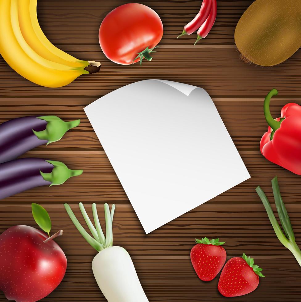 Vegetables and fruits with paper on wooden background vector