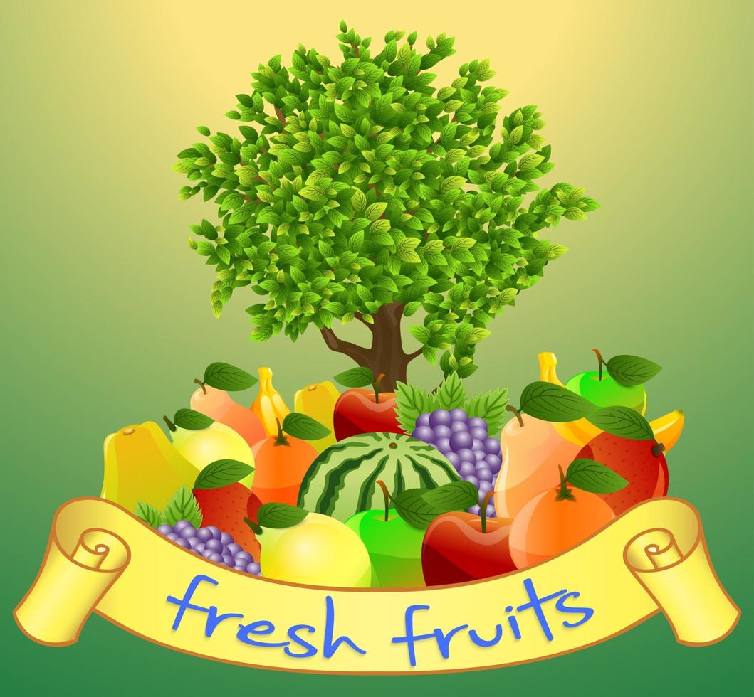 Fresh fruits with labels and trees on green background vector