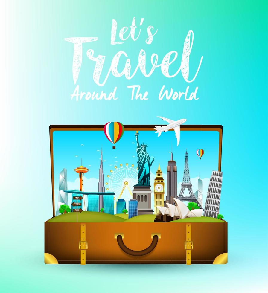 Travel monument with the brown open bag.Vector vector