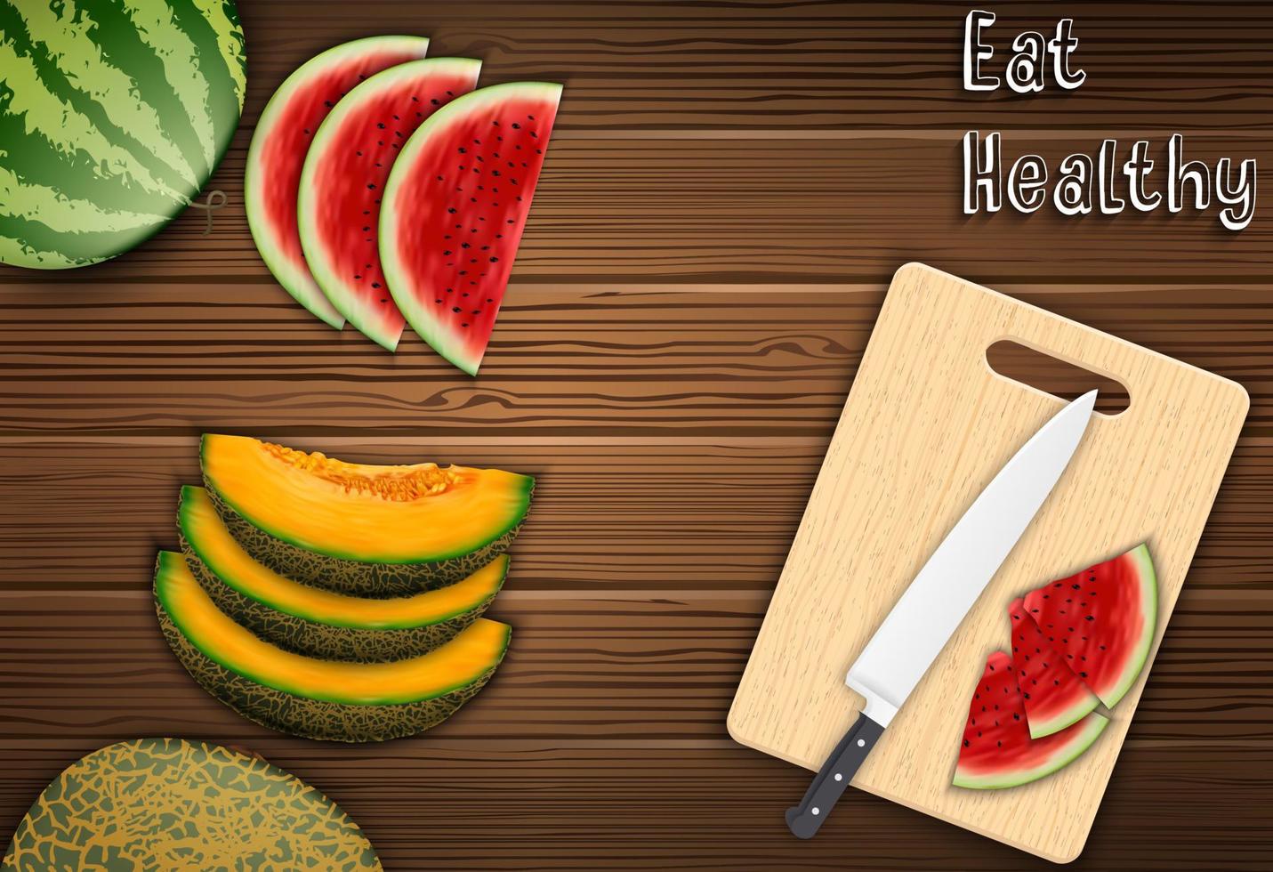 Fresh fruits slices on the table with a knife and watermelon on a cutting board background vector