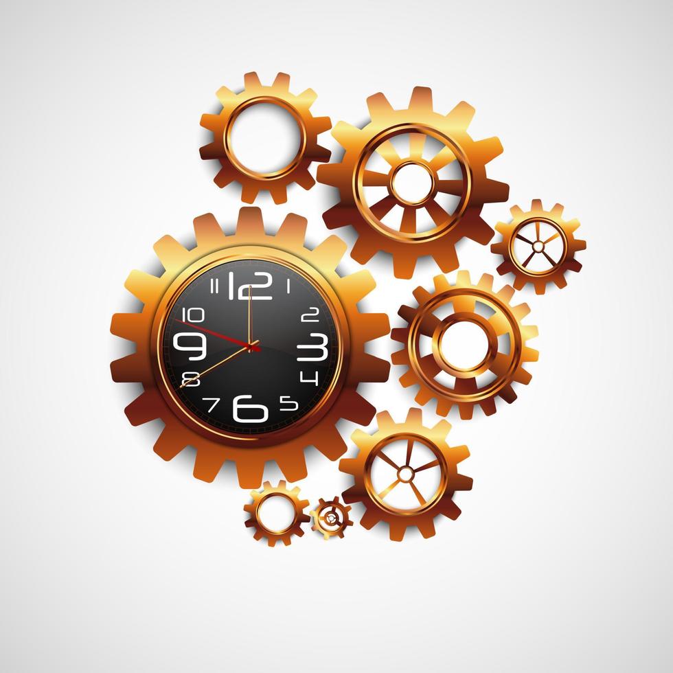 Clock in shape of gear and color golden on white background.Vector vector