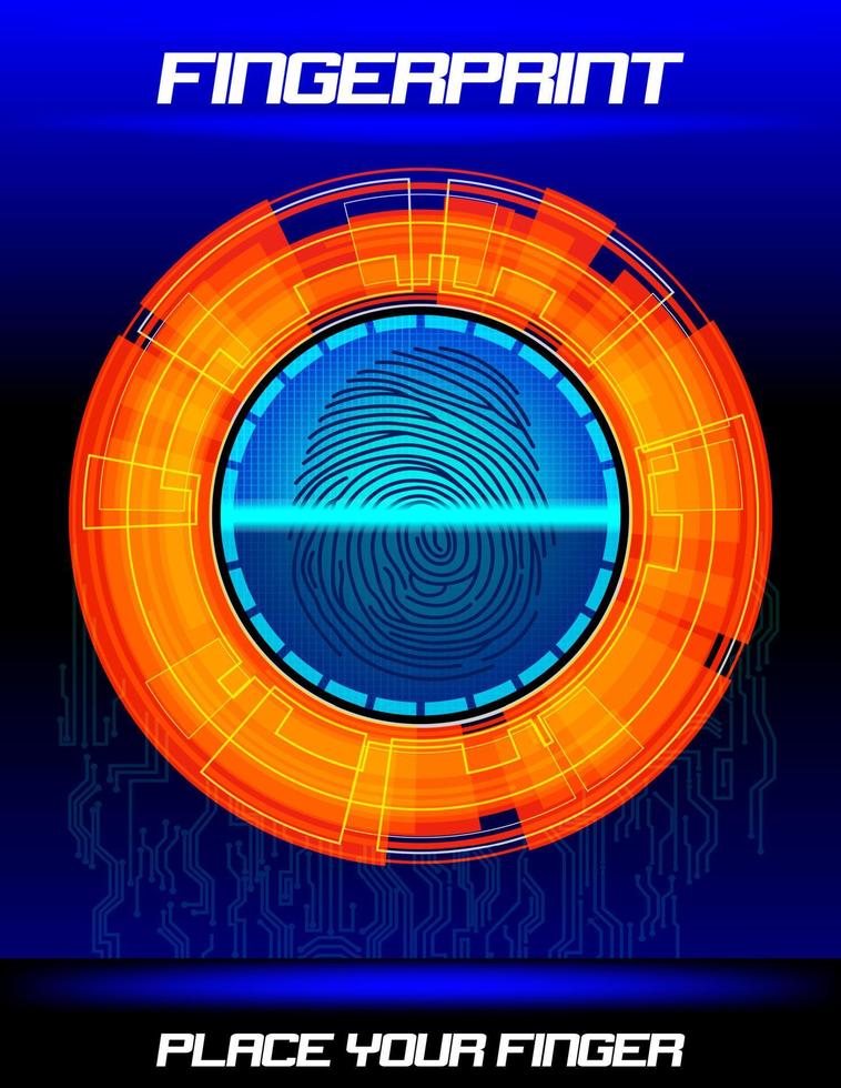 Fingerprint scanning orange background, identification system vector