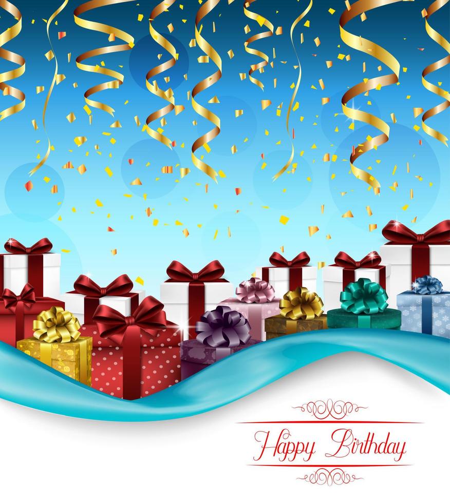 Blue background with color gift boxes and confetti.Vector vector