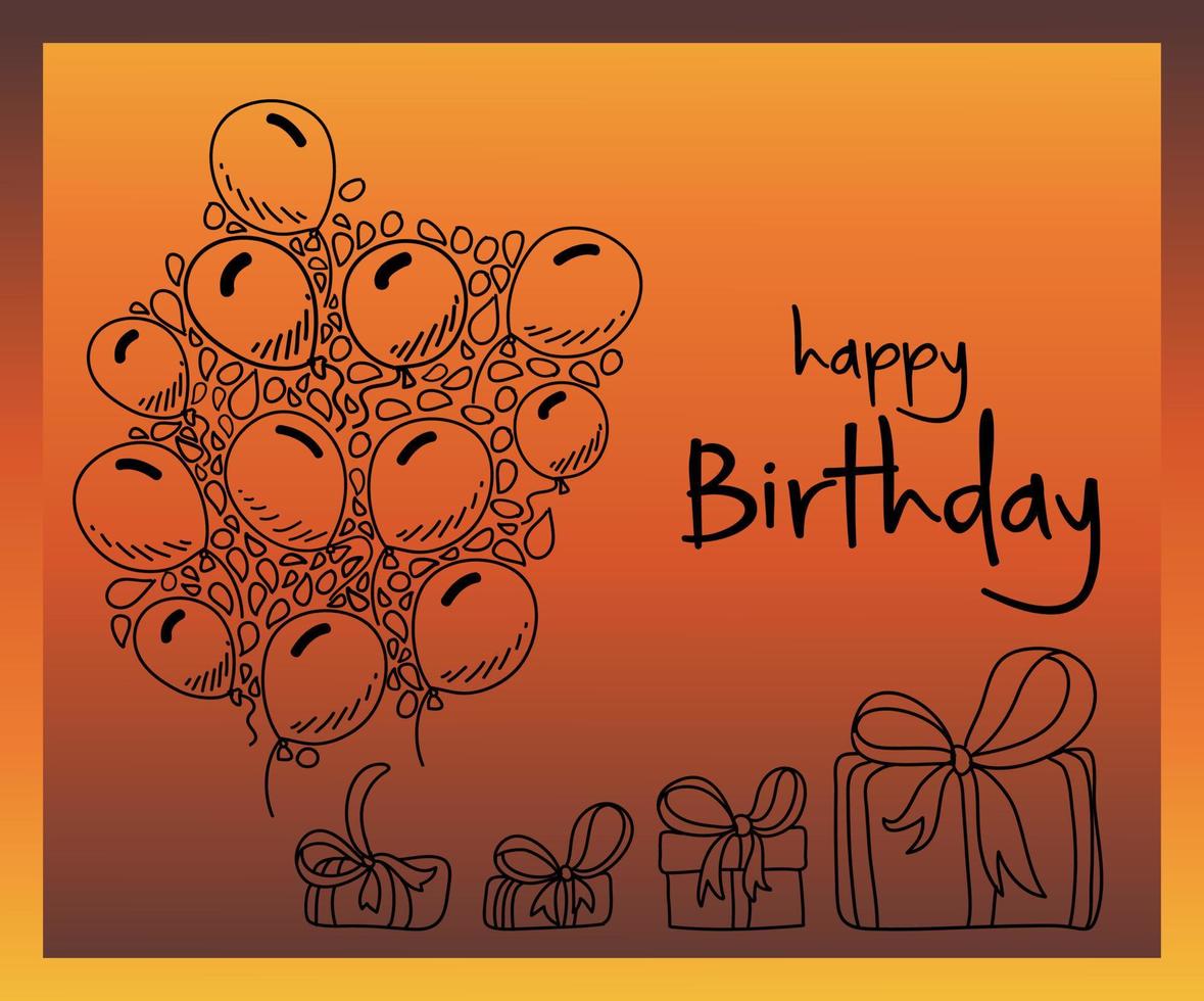 Hand drawn doodle birthday party elements with balloons and gift boxes on bright background vector