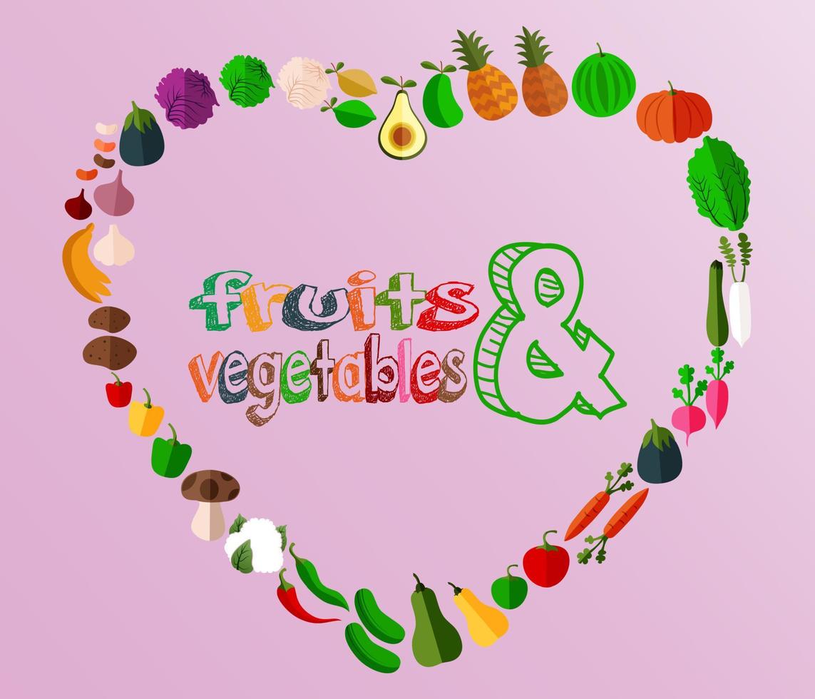 corazón con diferentes iconos de frutas y verduras vector